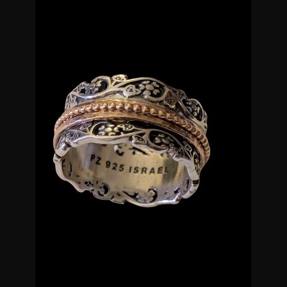 925 Sterling Silver Flower And Leaf 11.7mm Size 9 Two Tone Spinner Ring - Picture 1 of 10